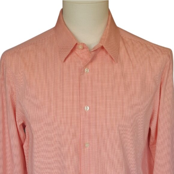 Calvin Klein SZ 15.5 Slim Fit Stretch Orange & White Check Men's Button Up Shirt - Picture 3 of 14